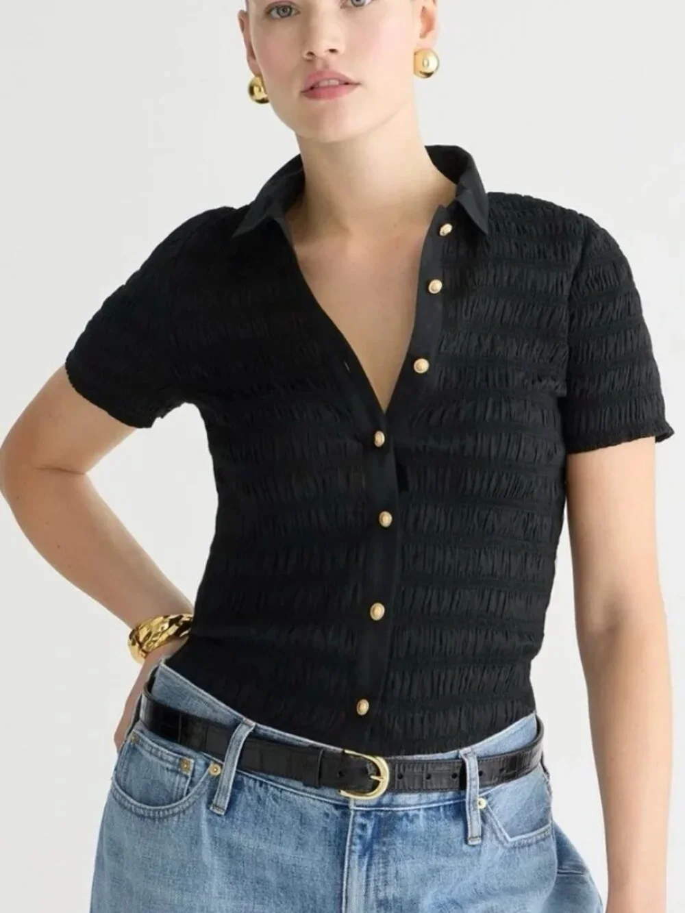 J. Crew Smocked Button-up Shirt in Black Size XS NWT